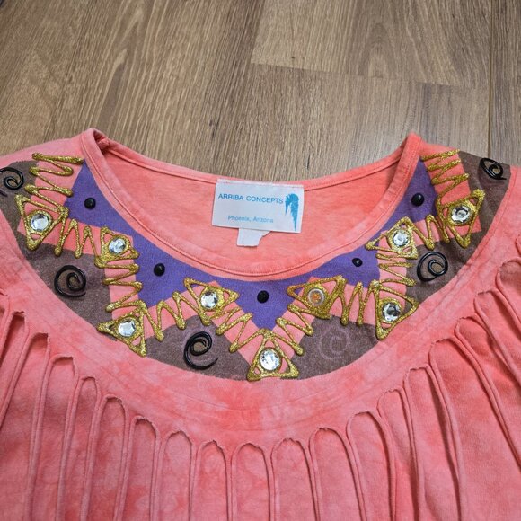 Arriba Concepts Women's Summer Casual Coral Tee Pullover w/fringe Short Sleeves - Picture 4 of 6